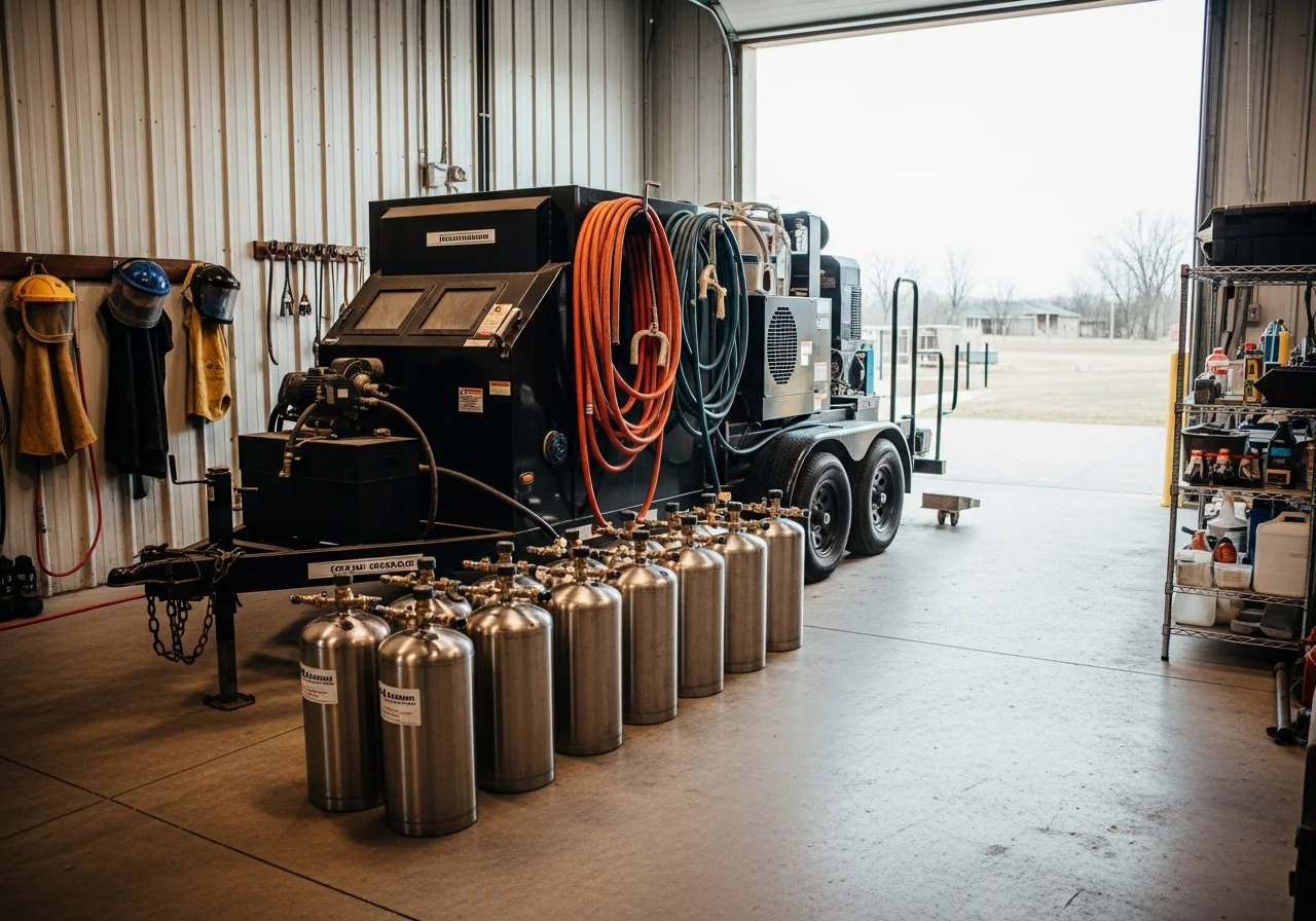 Mobile blasting equipment and tools ready for service; professional contractor setup.