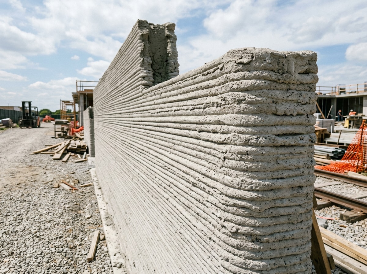 3D printed concrete house wall under construction with visible layered texture