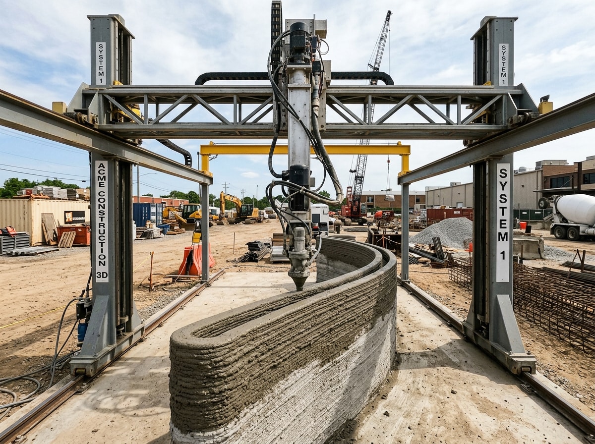 Gantry-style 3D concrete printer extruding a wall layer on a job site