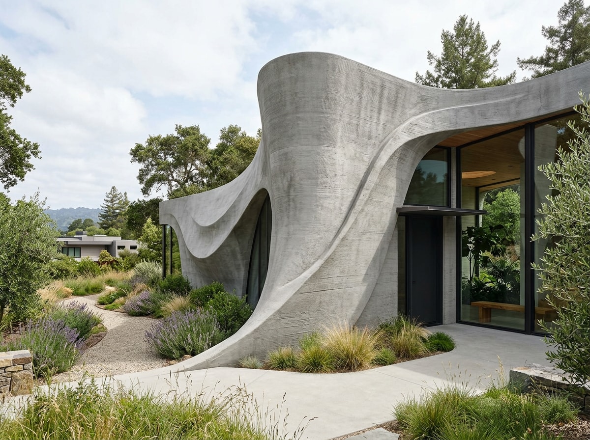 Curved 3D-printed concrete wall showing complex architectural geometry