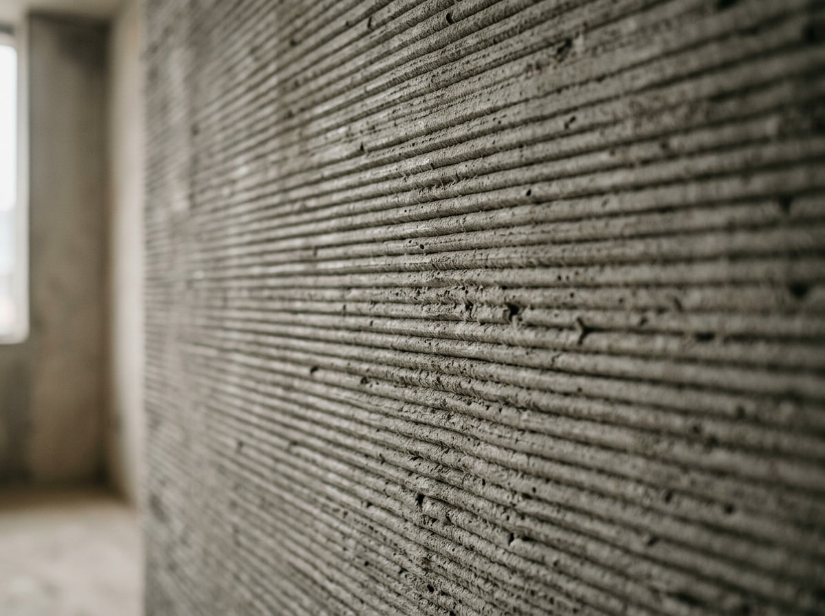 Close-up of interior 3D-printed concrete wall showing ribbed layer texture