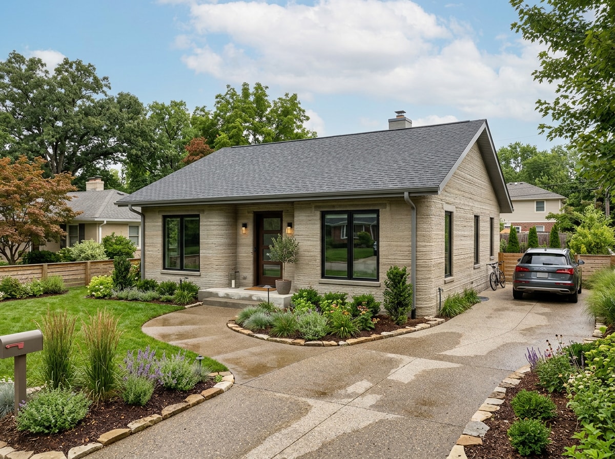 Completed 3D-printed concrete home exterior with finished roofing and windows