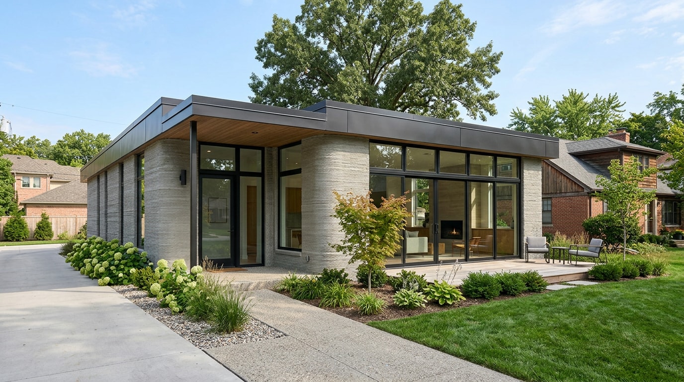 Finished 3D printed concrete house exterior with ribbed wall texture in a suburban setting Finished 3D printed concrete house exterior with ribbed wall texture in a suburban setting