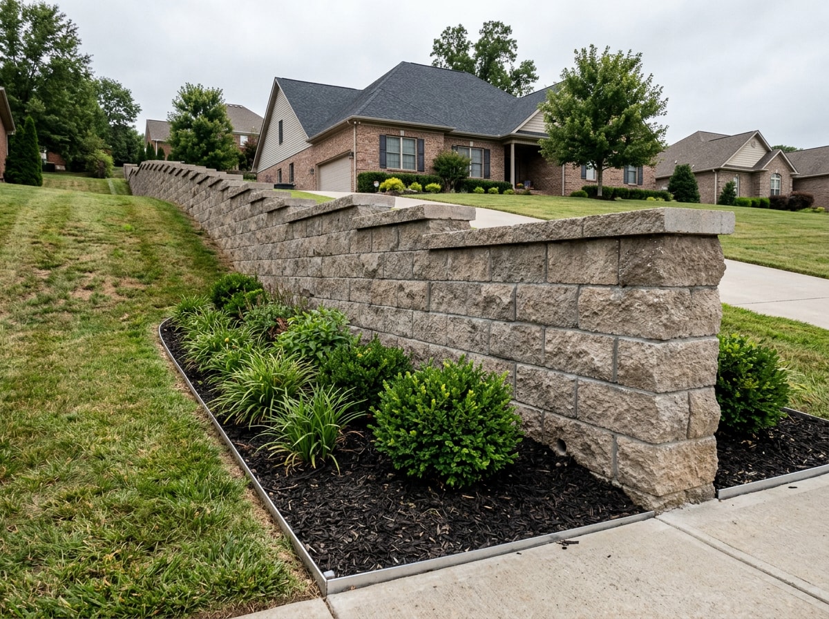 Finished concrete block retaining wall along a Zionsville property