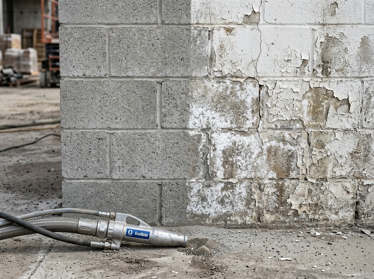 Close-up of a concrete block wall being surface-prepped and cleaned before coating