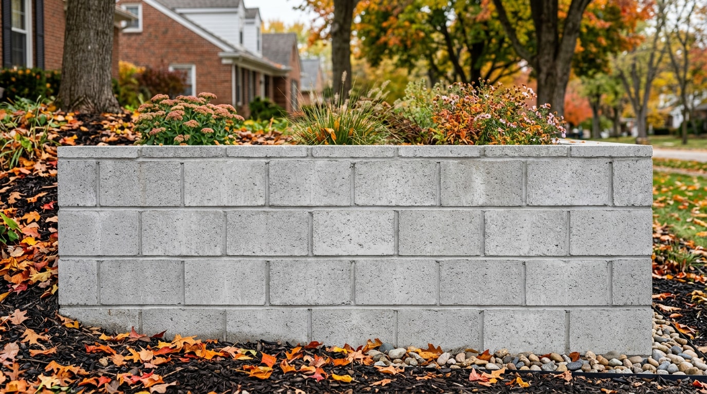 Concrete block retaining wall in a Zionsville, IN front yard