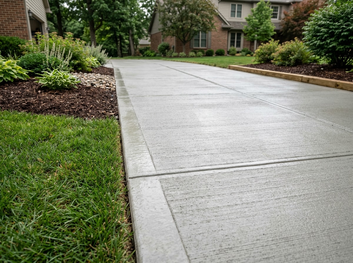 Freshly poured broom-finish concrete driveway on an Indiana residential property
