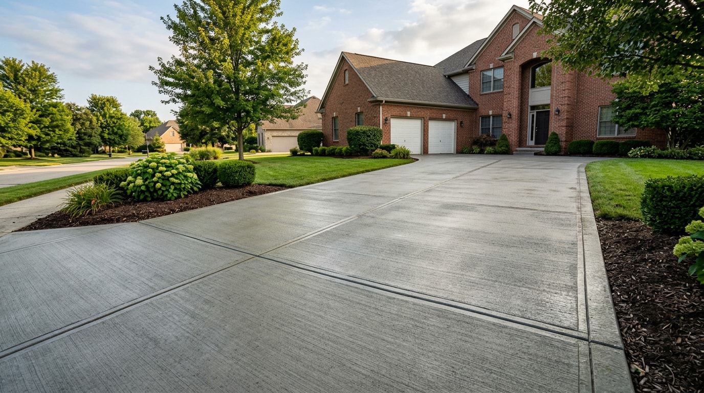 Newly poured concrete driveway in a Zionsville, IN residential neighborhood