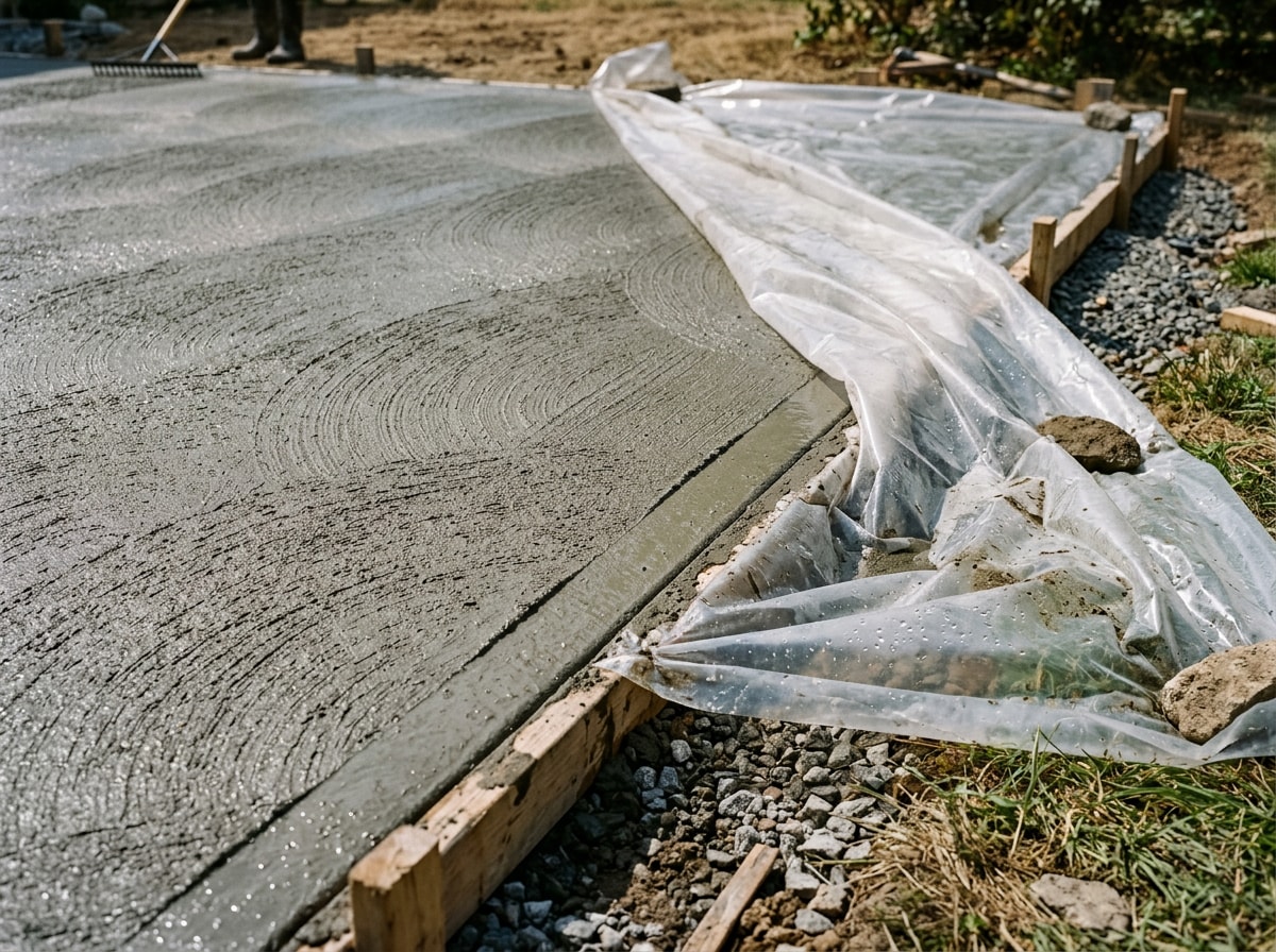 Freshly poured concrete driveway slab with plastic sheeting pulled back at the edge during early curing