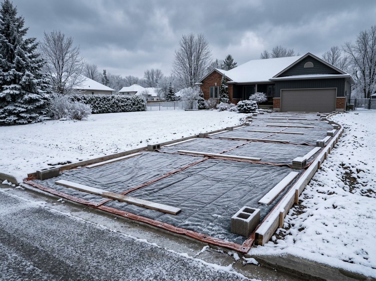 Insulated curing blanket covering a freshly poured concrete driveway during a winter pour