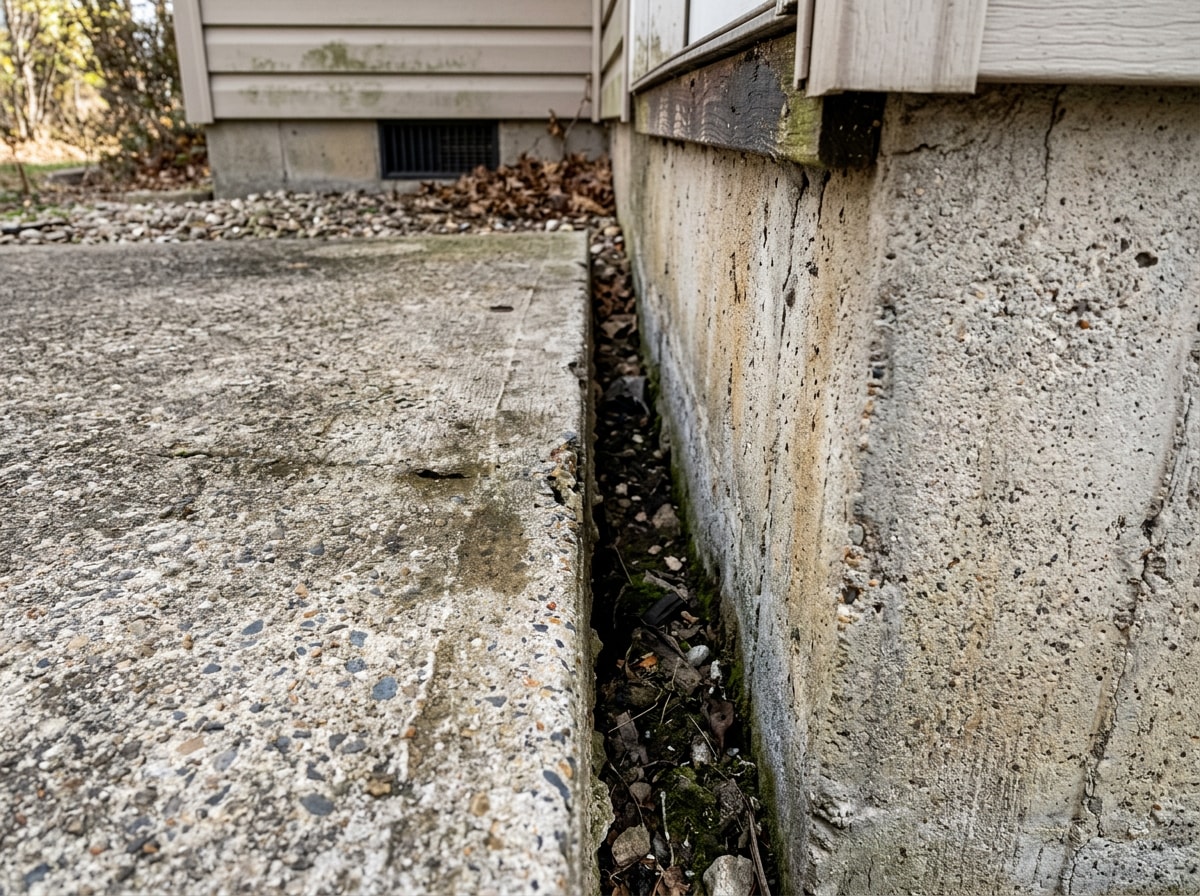 Sunken concrete patio slab with a visible gap at the joint against a house foundation