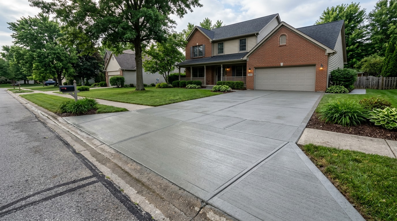 Freshly finished concrete driveway curing in a Carmel, IN neighborhood Freshly finished concrete driveway curing in a Carmel, IN neighborhood