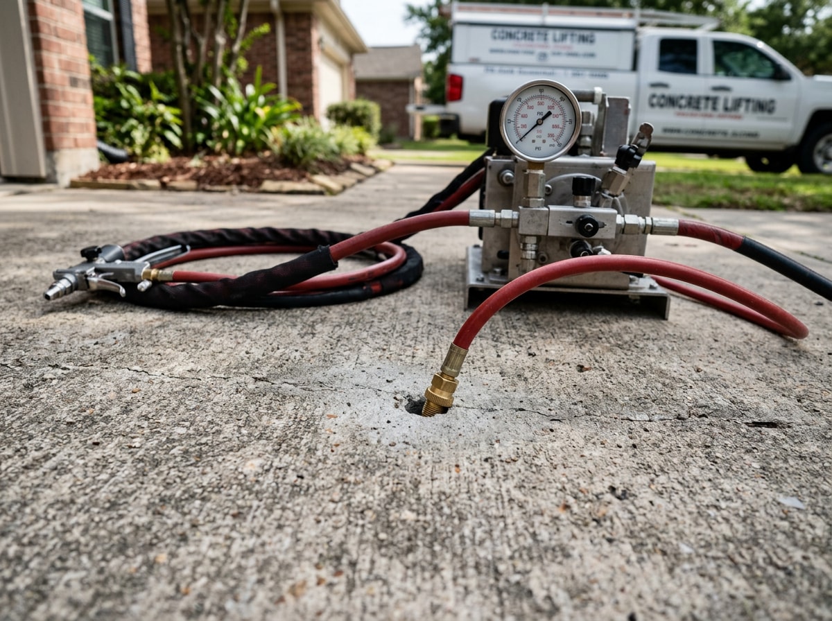 technician injecting polyurethane foam to lift a sinking concrete driveway slab