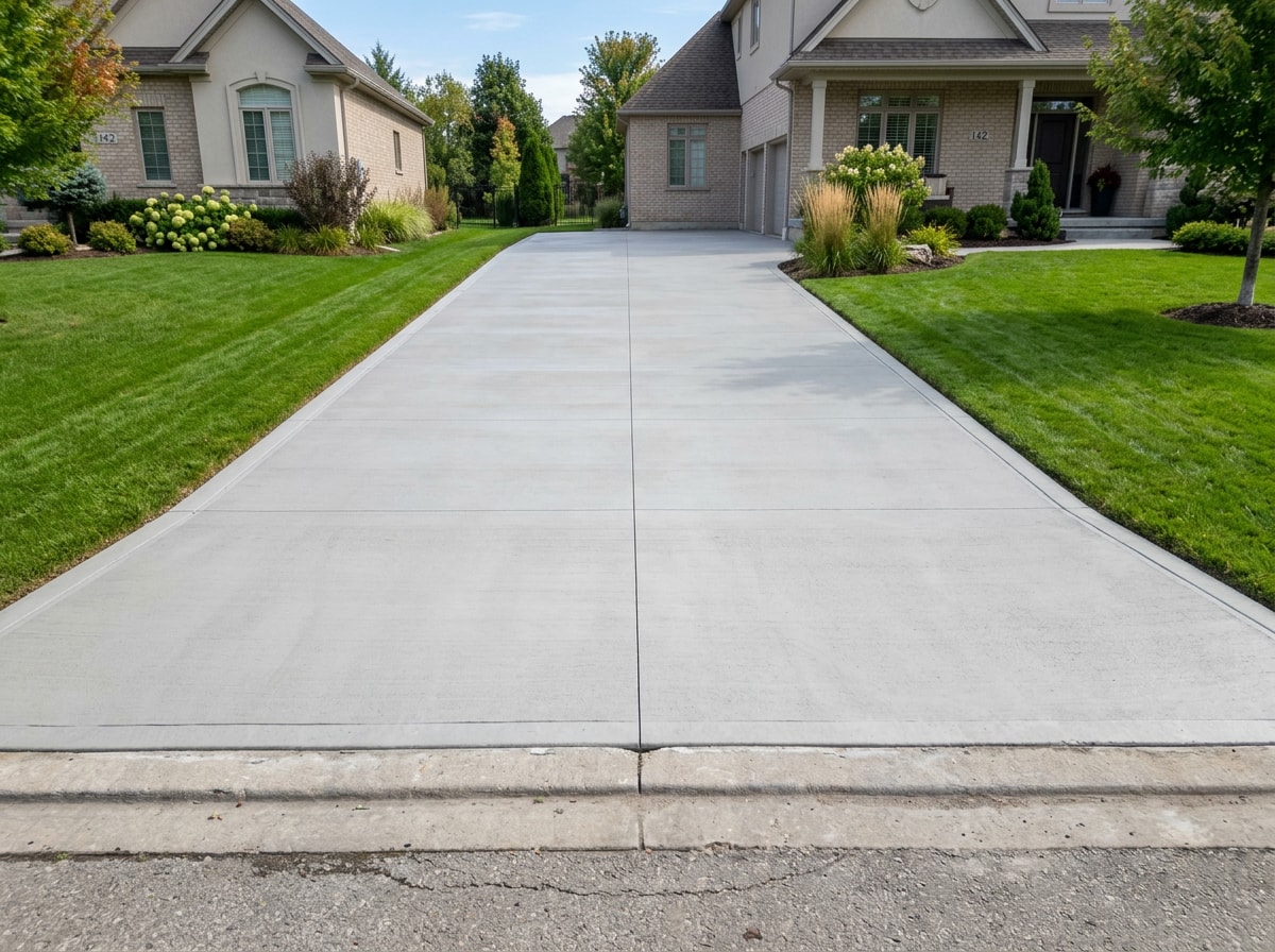 before and after photo of a leveled and resurfaced concrete driveway in Carmel, Indiana