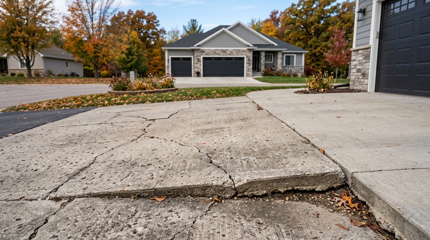 cracked and sunken concrete driveway in need of repair in Carmel, Indiana