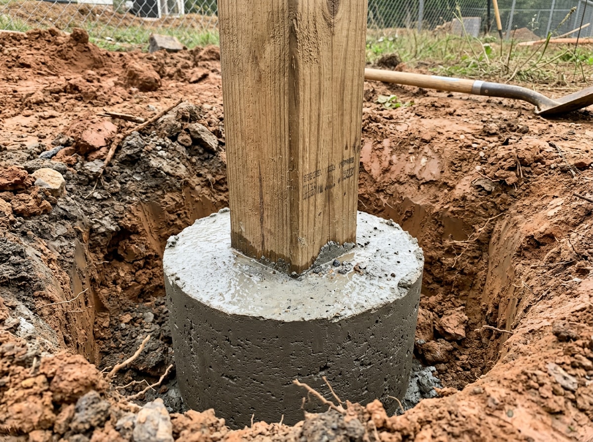 Wood fence post set in a poured concrete footing below grade in clay soil