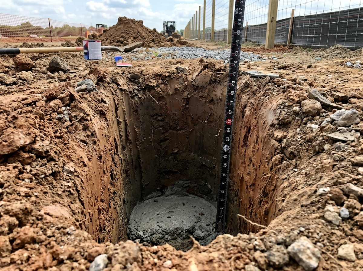 Open fence post hole showing poured concrete footing depth measured against the frost line in clay soil