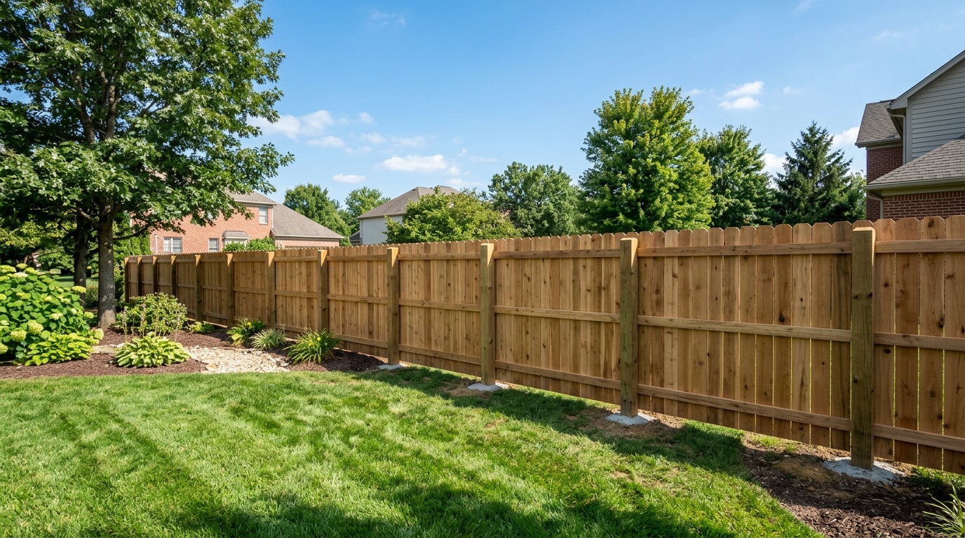 Finished wood privacy fence with concrete-set posts in a Fishers, IN backyard