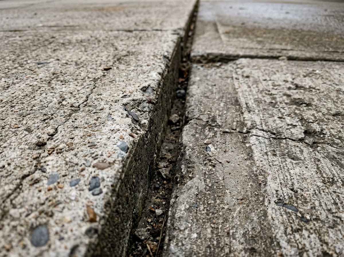 Close-up of a sunken concrete driveway slab with a visible gap and trip-hazard edge in Indianapolis, IN