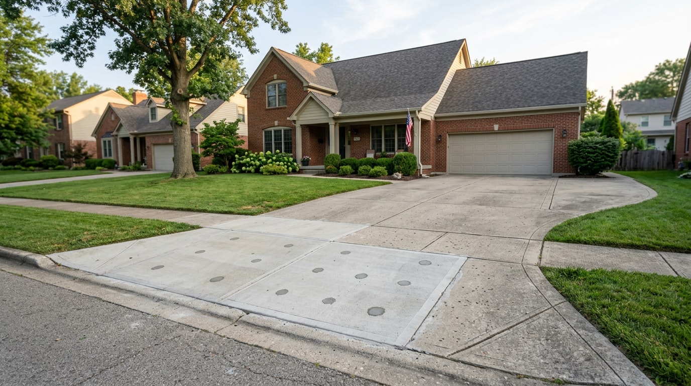 Leveled concrete driveway slab in Indianapolis, IN after professional concrete lifting repair Leveled concrete driveway slab in Indianapolis, IN after professional concrete lifting repair
