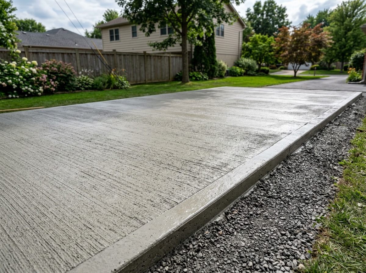 Freshly poured concrete RV and boat storage pad with compacted gravel base in Westfield, IN
