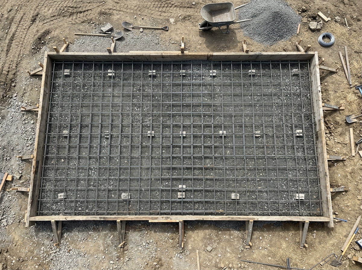 Compacted gravel base with rebar reinforcement grid before a concrete pad pour