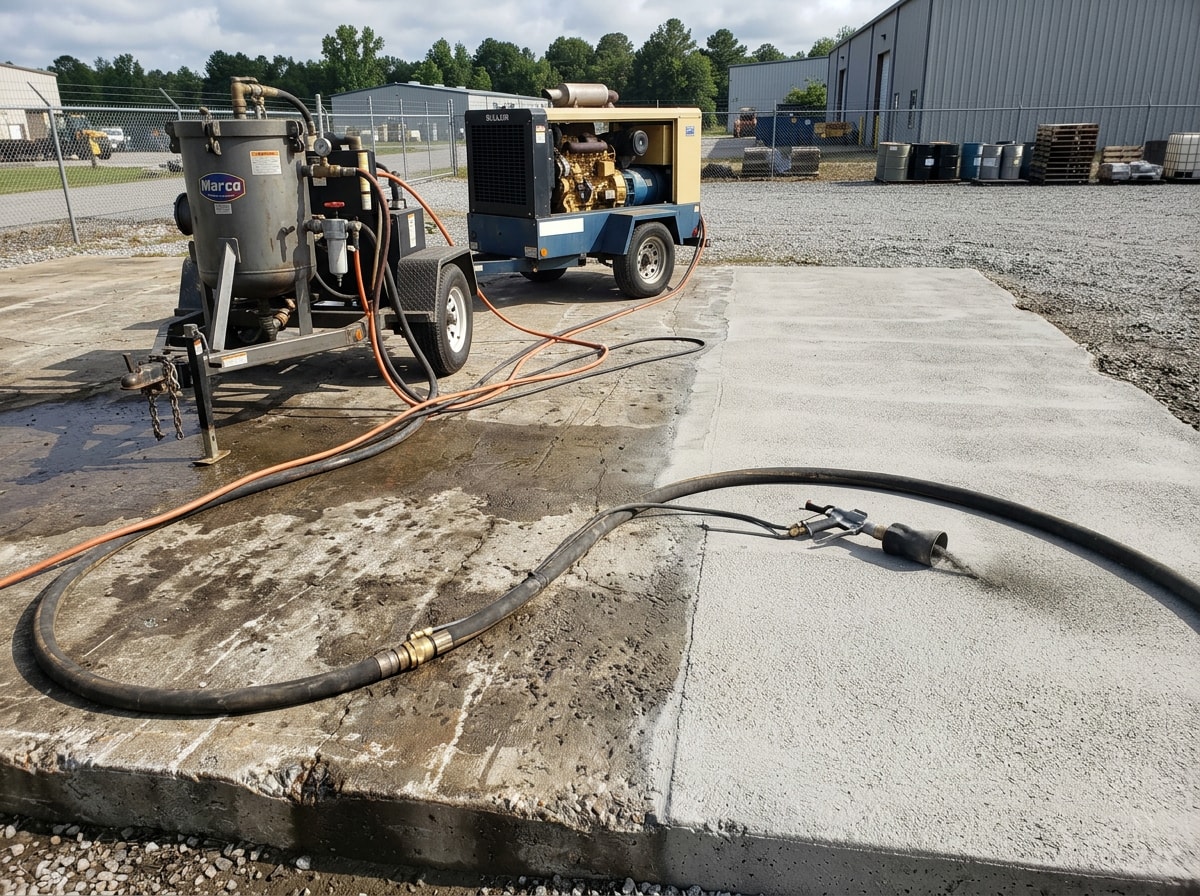 Mobile sandblasting equipment surface-profiling an existing concrete pad before coating application