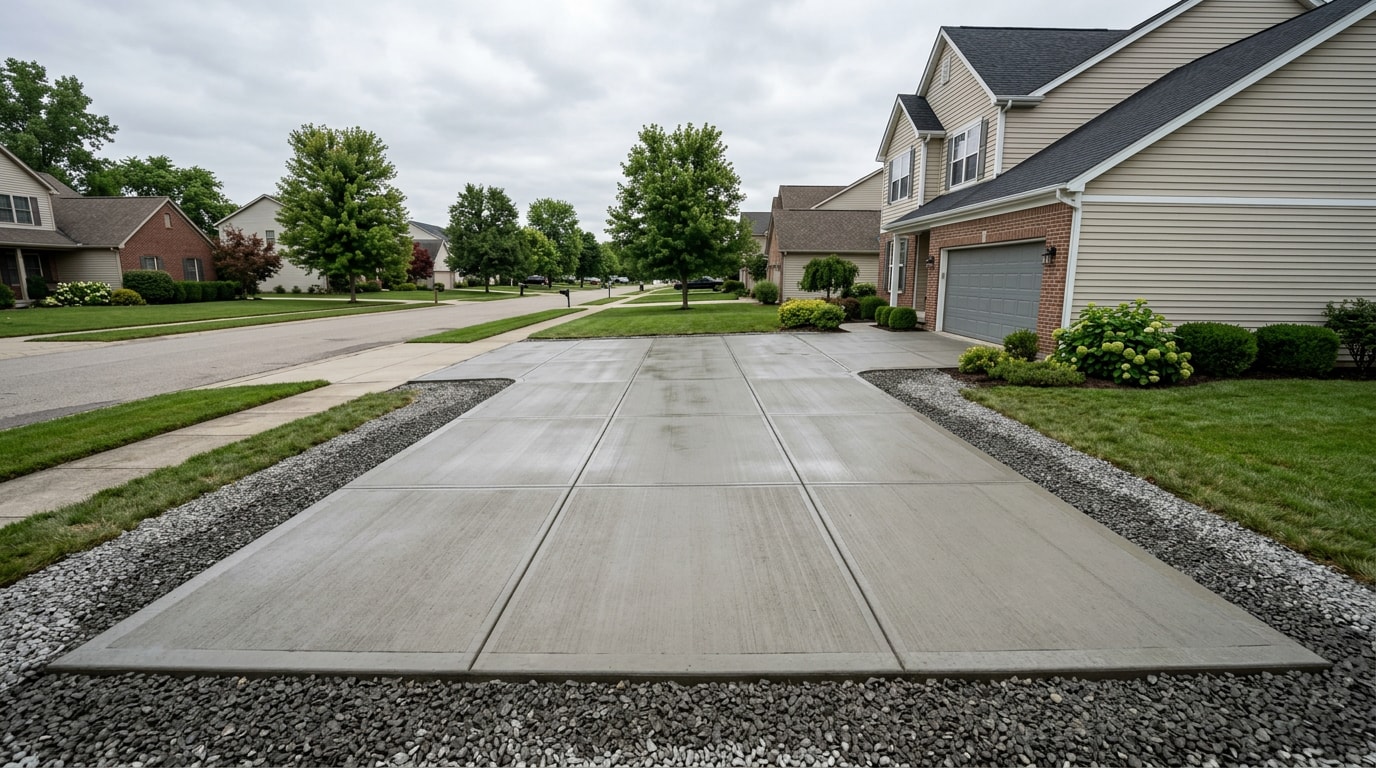 Newly poured concrete driveway pad in a Westfield, IN neighborhood