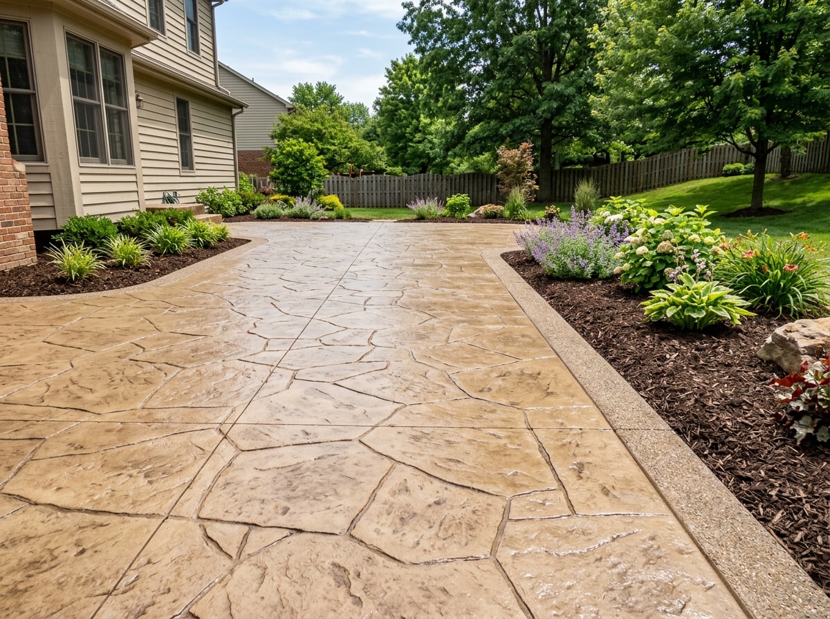 Stamped concrete patio with flagstone pattern in a Carmel, IN backyard