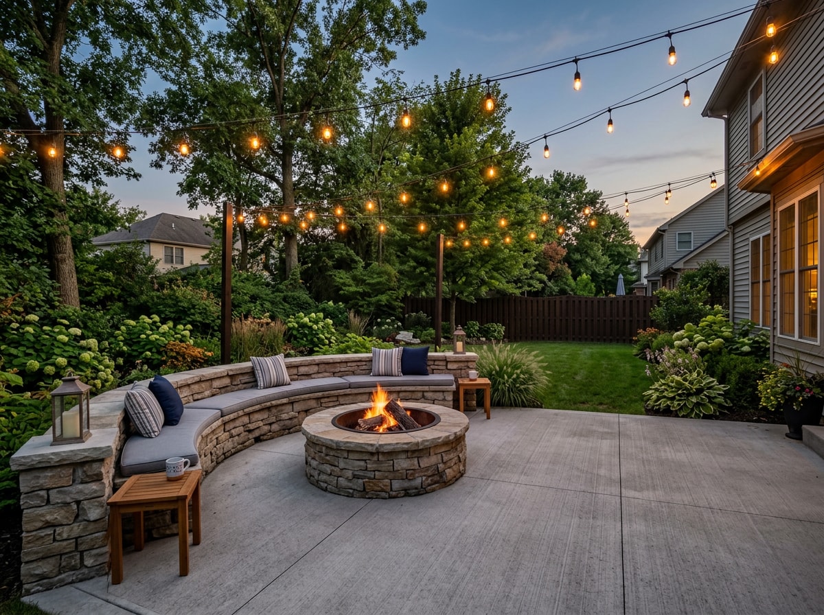 Outdoor living space with concrete patio, seating wall, and fire feature in Carmel, IN