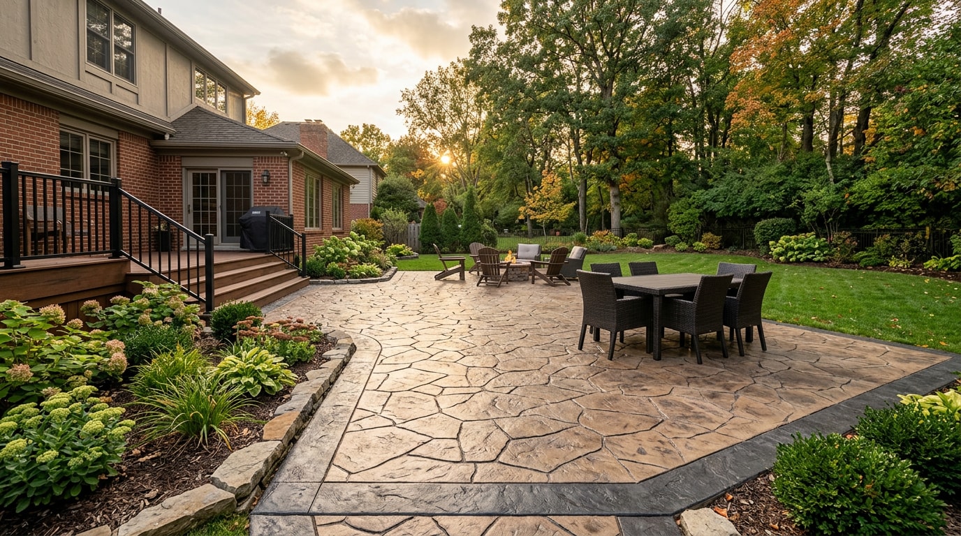 Finished stamped concrete patio design in a Carmel, IN backyard