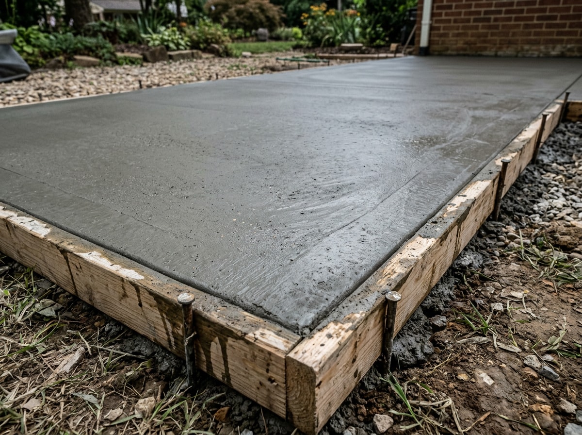 freshly poured and finished concrete slab patio in Fishers, IN