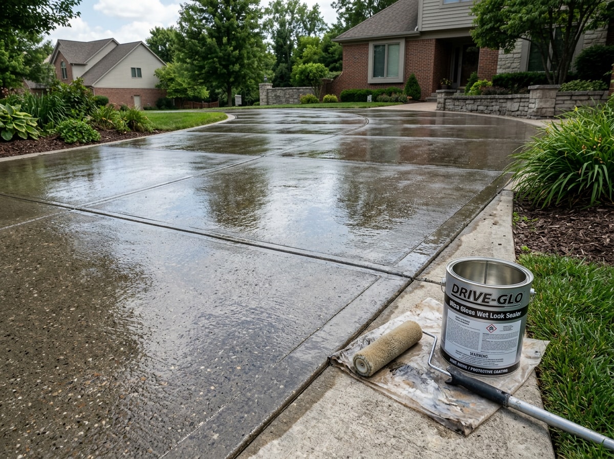 contractor applying sealant to a concrete driveway slab