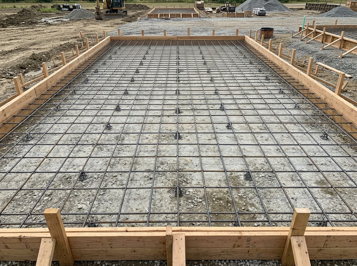 rebar grid reinforcement laid out before concrete pour