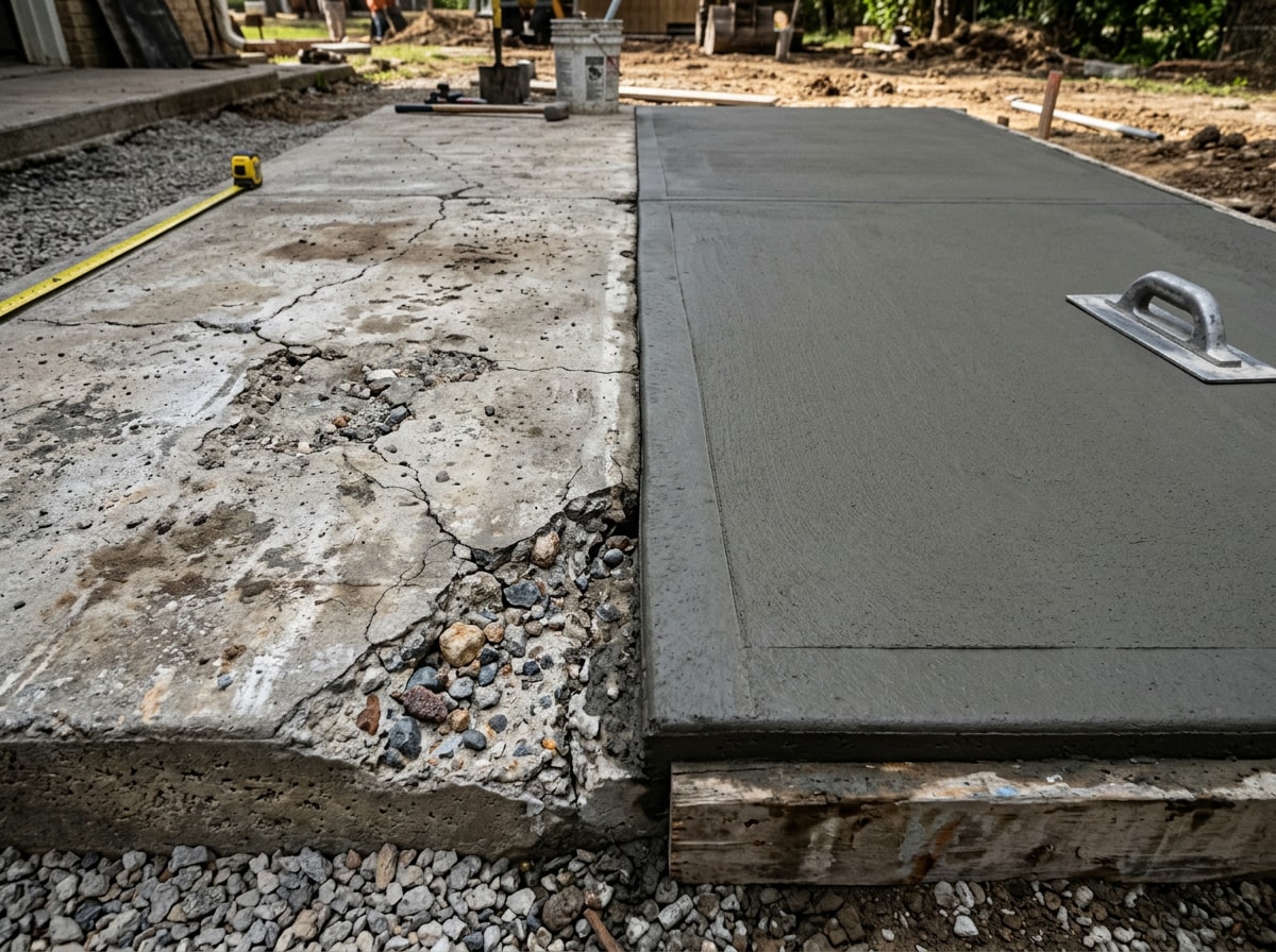 cracked concrete slab next to a repaired and leveled section