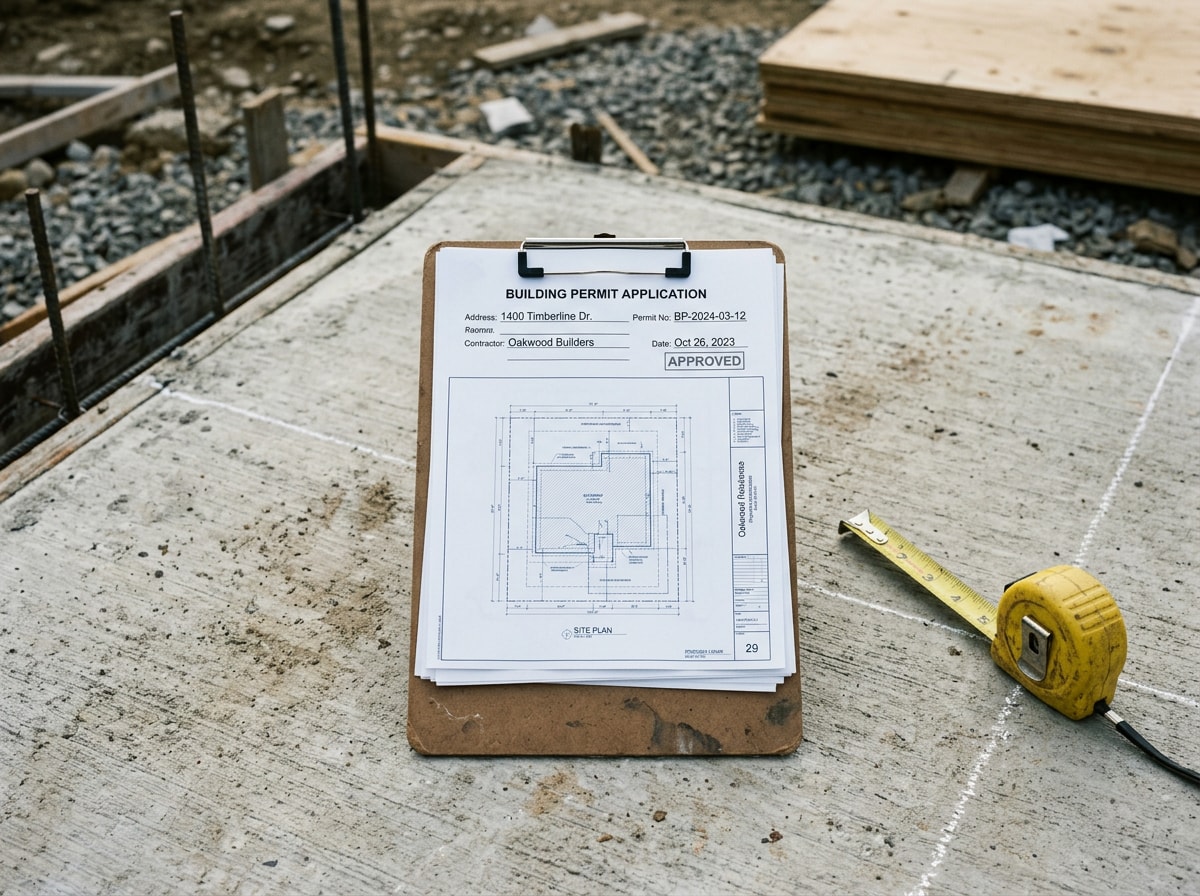 homeowner reviewing concrete slab permit paperwork with a contractor