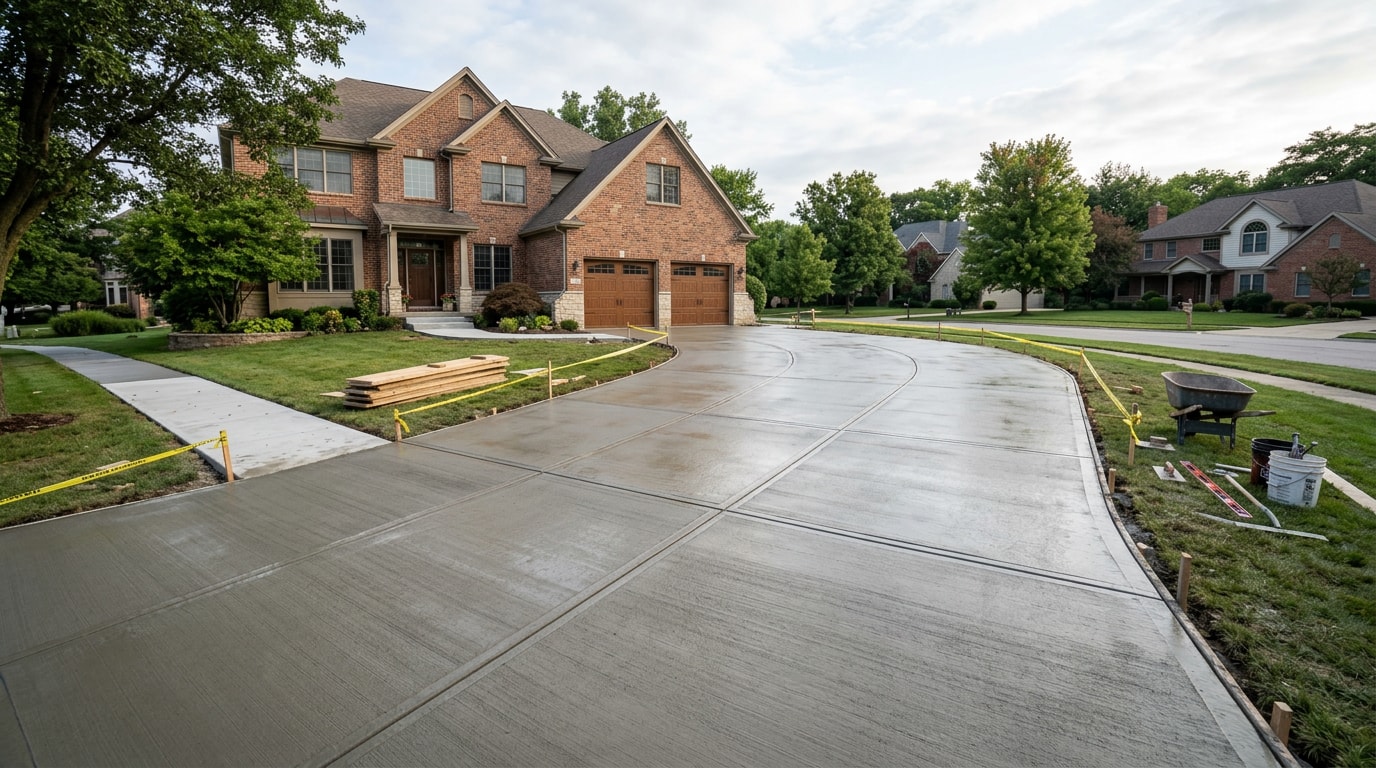 freshly poured concrete driveway slab in a Fishers, IN style suburban setting