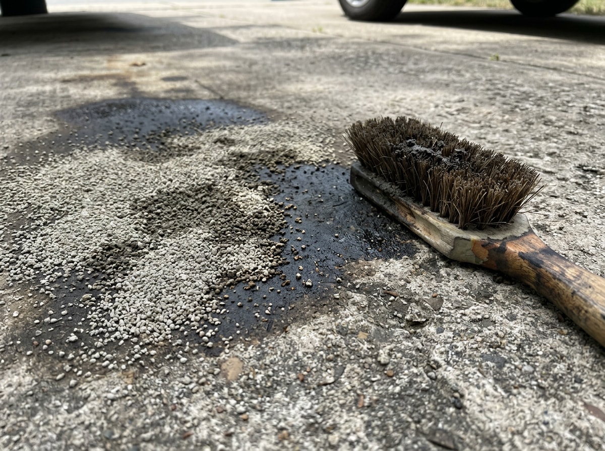 Oil-stained concrete driveway with cat litter absorbent and scrub brush laid out for treatment