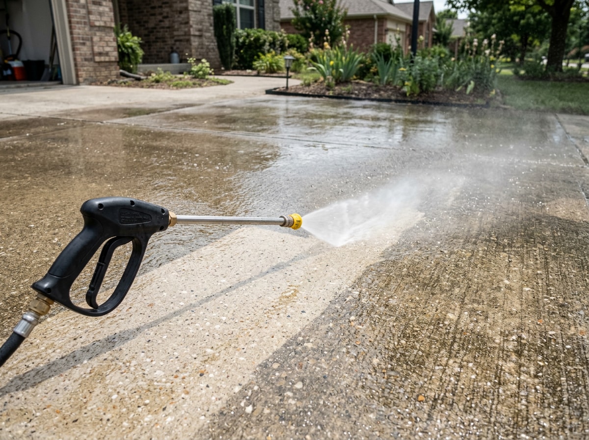Pressure washer rinsing a treated section of a concrete driveway after degreaser application