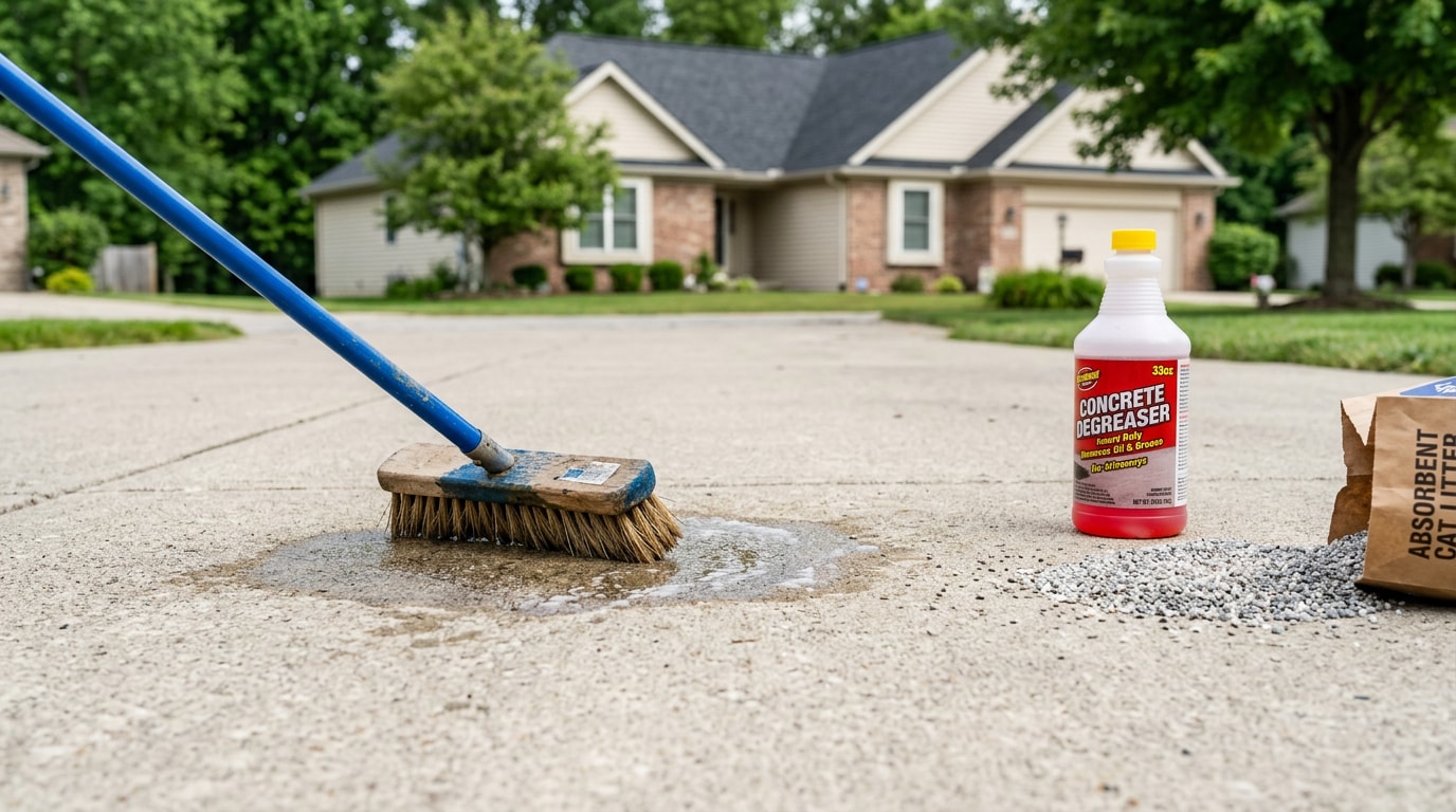 Concrete driveway with oil stain treatment supplies including degreaser and absorbent Concrete driveway with oil stain treatment supplies including degreaser and absorbent