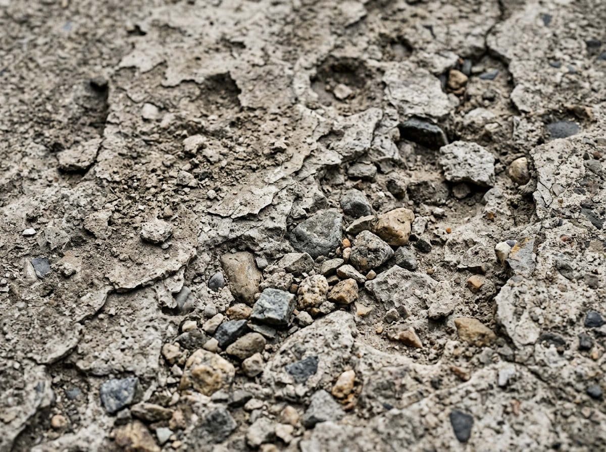 Close-up of spalling concrete driveway showing surface flaking and chipped texture