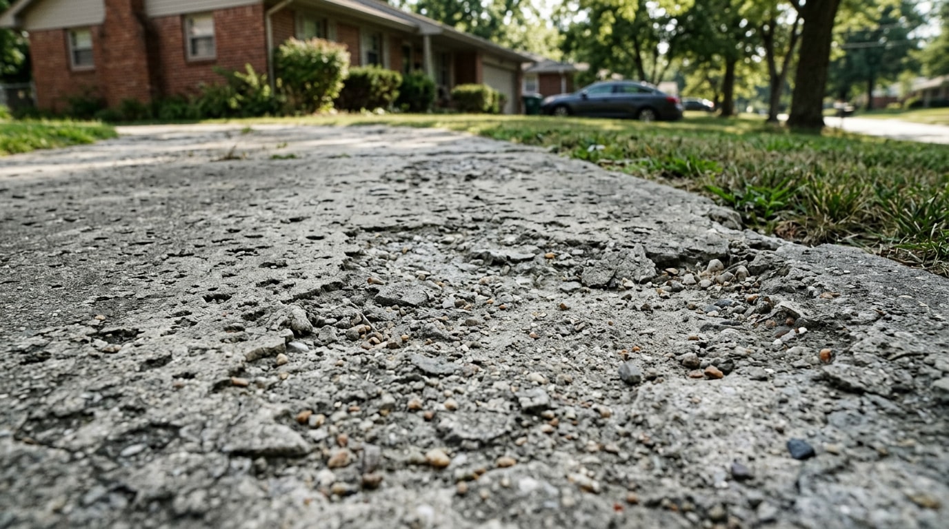 Spalling concrete driveway in Westfield, IN showing surface flaking and chipped texture Spalling concrete driveway in Westfield, IN showing surface flaking and chipped texture