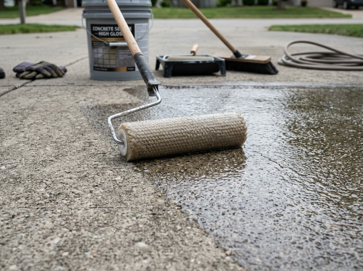 Contractor rolling on waterproof concrete sealer during proper application process in Indianapolis
