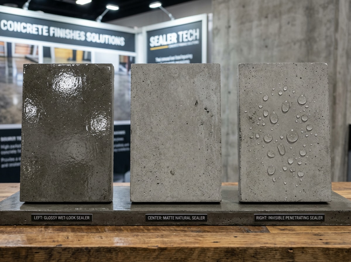 Side-by-side comparison of wet-look, matte, and penetrating concrete sealer finishes