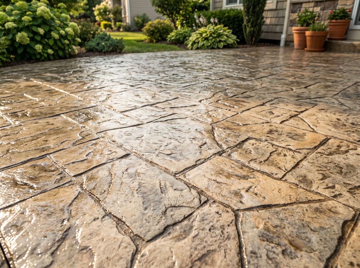 Close-up of stamped concrete patio with driveway sealer applied for substrate-specific protection