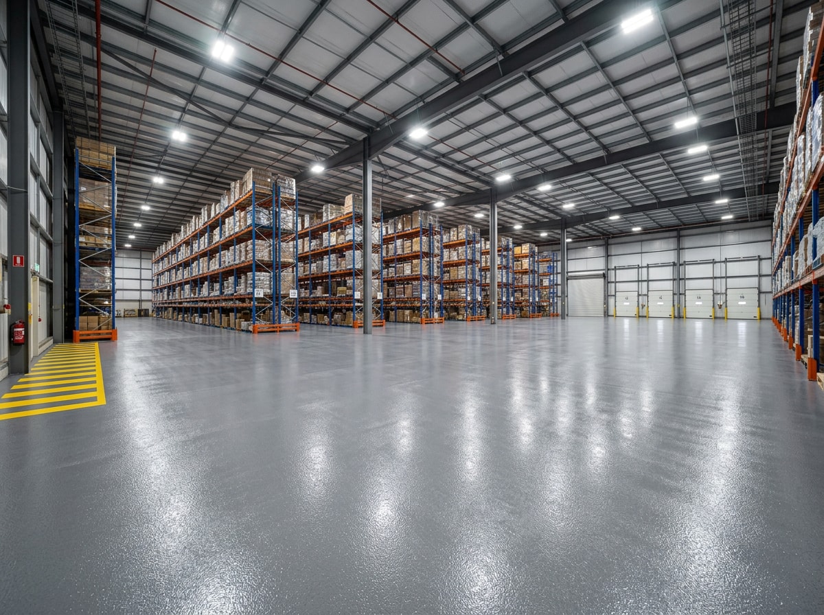Industrial concrete sealer applied to a commercial warehouse floor for slip resistance and durability