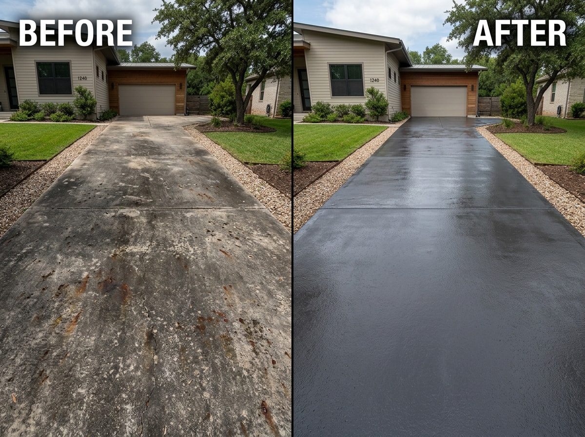 Before and after comparison of a driveway surface following professional concrete resealing