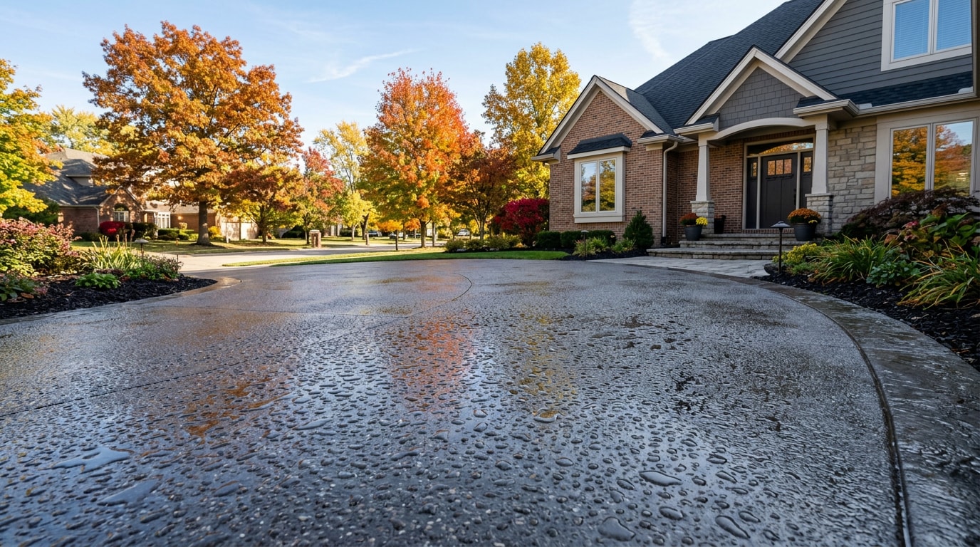 Freshly sealed waterproof concrete driveway in Indianapolis, IN with water beading on the surface Freshly sealed waterproof concrete driveway in Indianapolis, IN with water beading on the surface