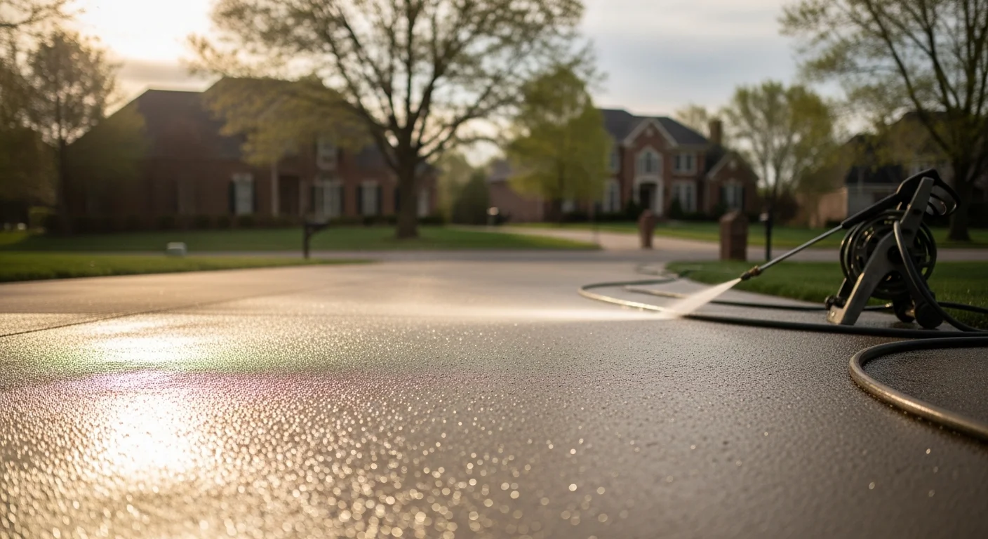 Pressure washing cleaning a residential driveway