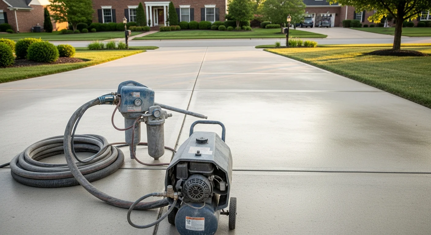 Mobile sandblasting equipment removing rust and paint from concrete surface